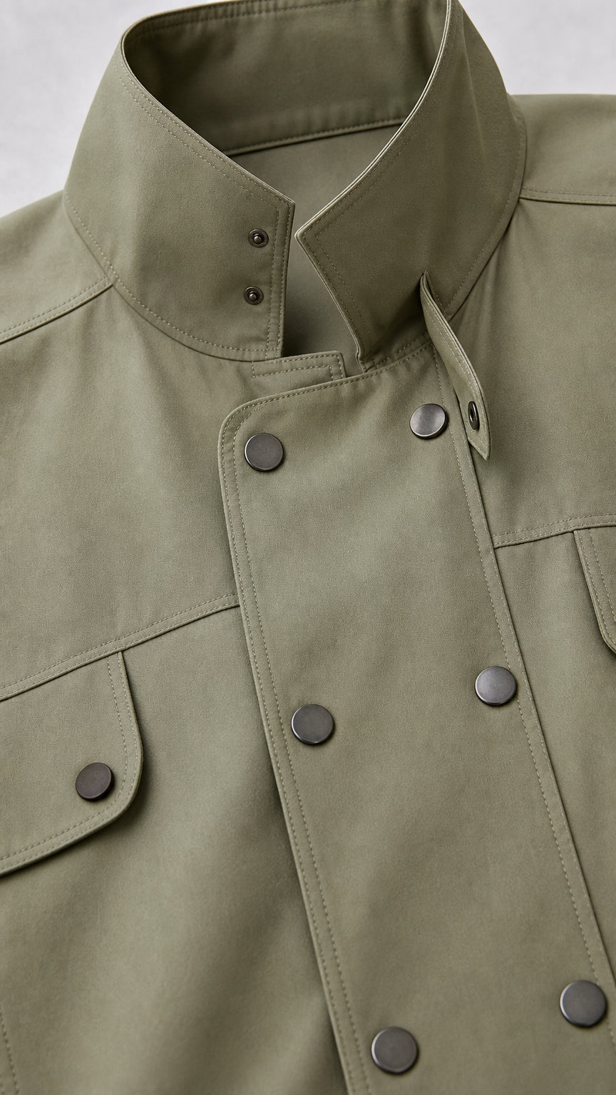 Close-up detail of high collar and double-breasted snap buttons