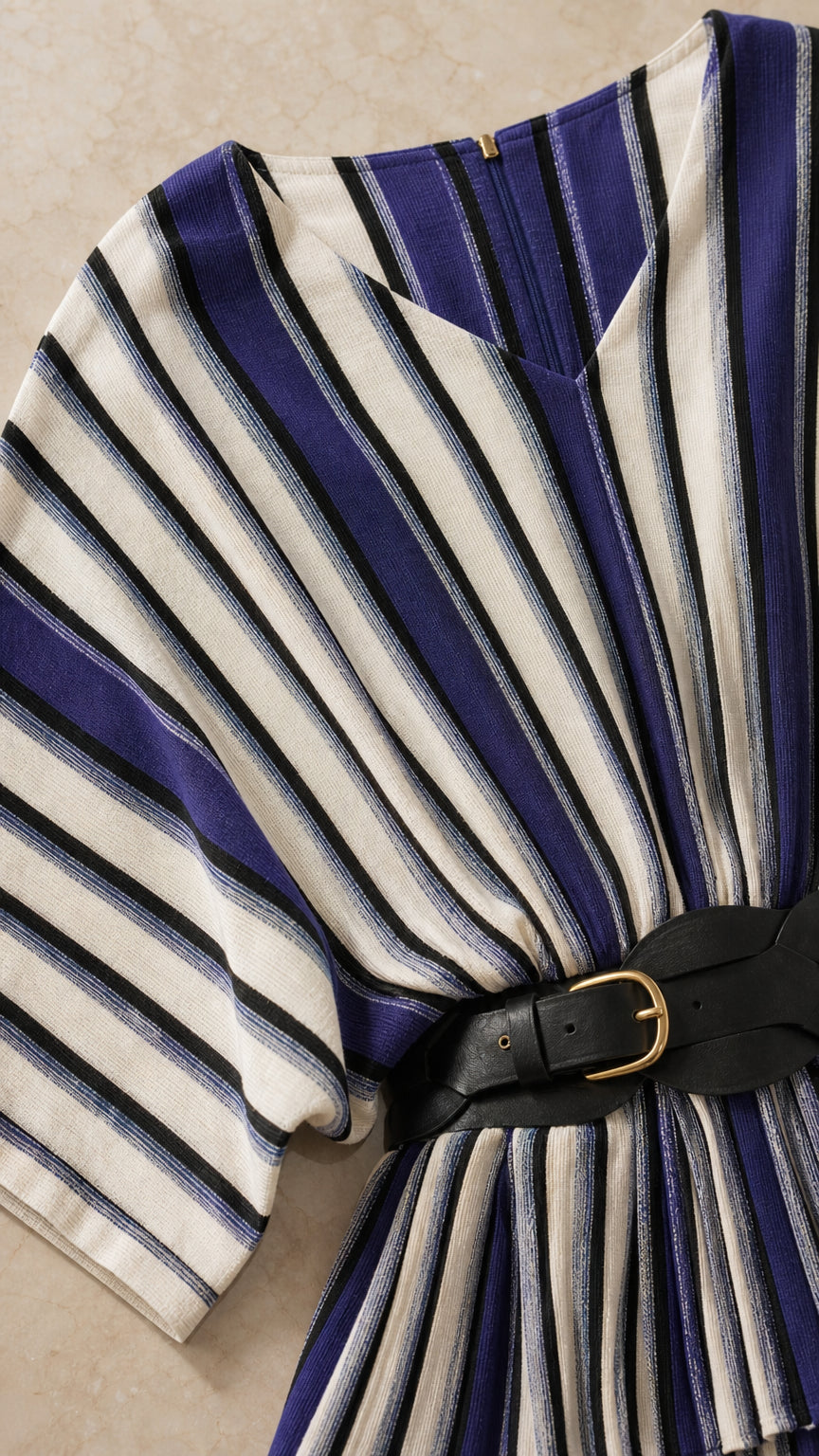 Close up of blue striped top and belt detail