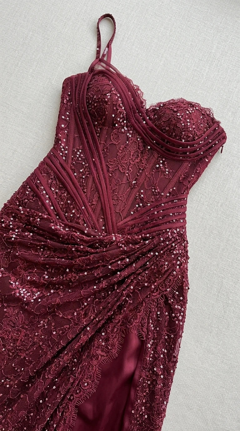 Close-up of bodice and sequin detail on burgundy evening gown