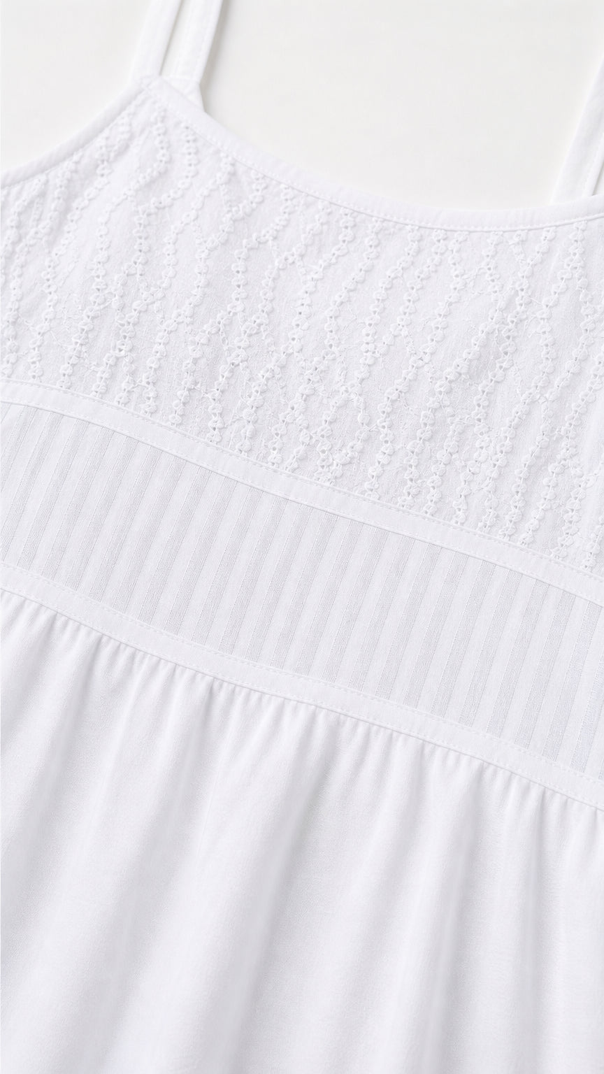 Close-up of textured smocked bodice and fabric detail