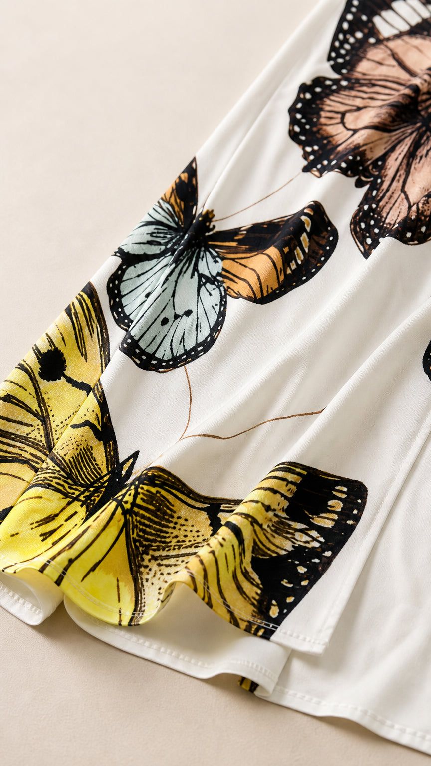 Close-up detail of the vibrant butterfly pattern and smooth fabric