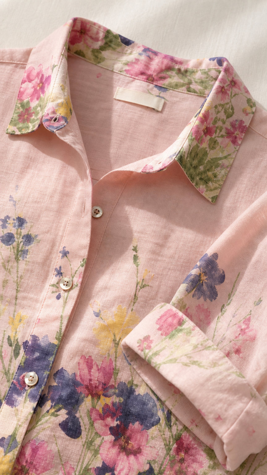 Close-up detail of pink linen-texture floral fabric, buttons, and collar
