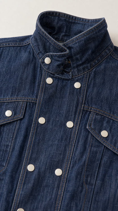 Close-up detail of dark denim jacket high collar and buttons