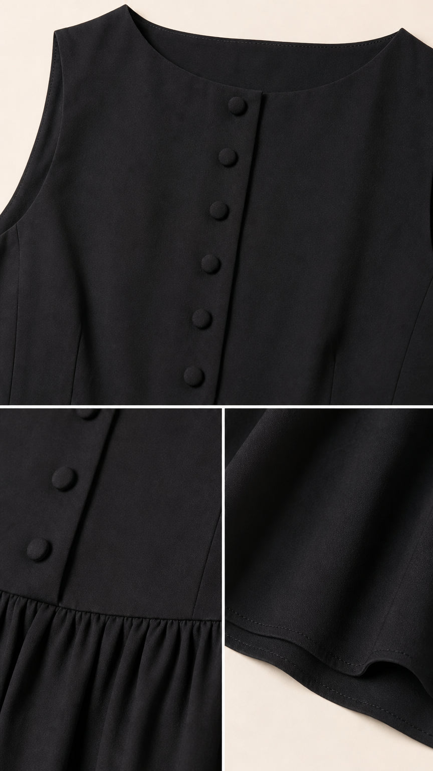 Close-up details of neckline, covered buttons, and hem of black mini dress