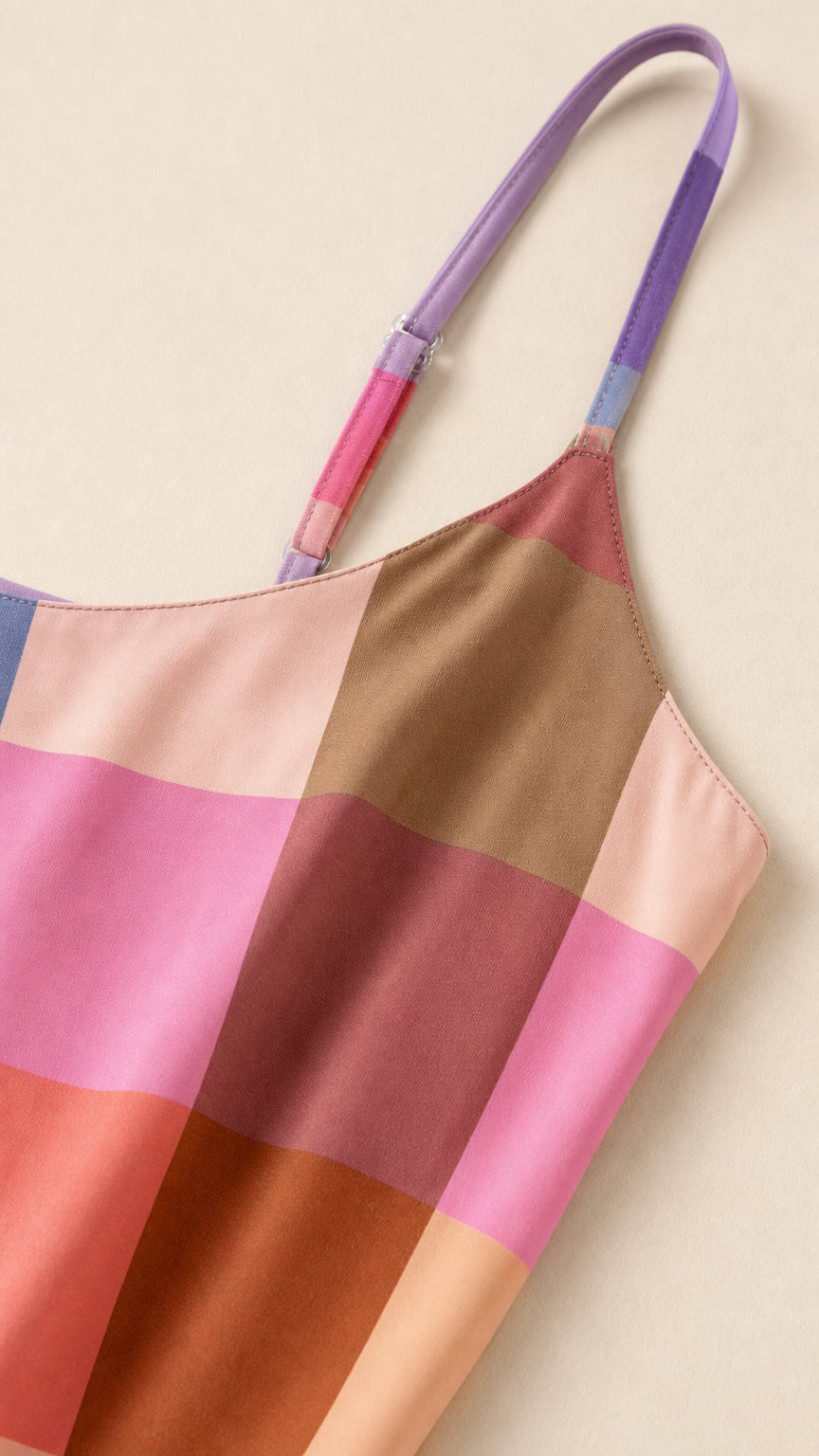 Close-up of adjustable spaghetti strap and colorful plaid fabric
