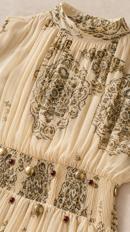 Close up of high neckline and embellished waist of the dress
