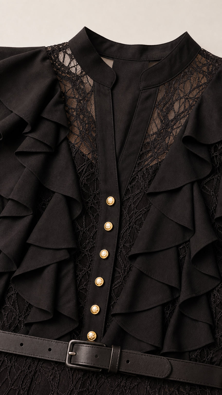 Close up detail of black lace bodice with ruffles, gold buttons, and black belt