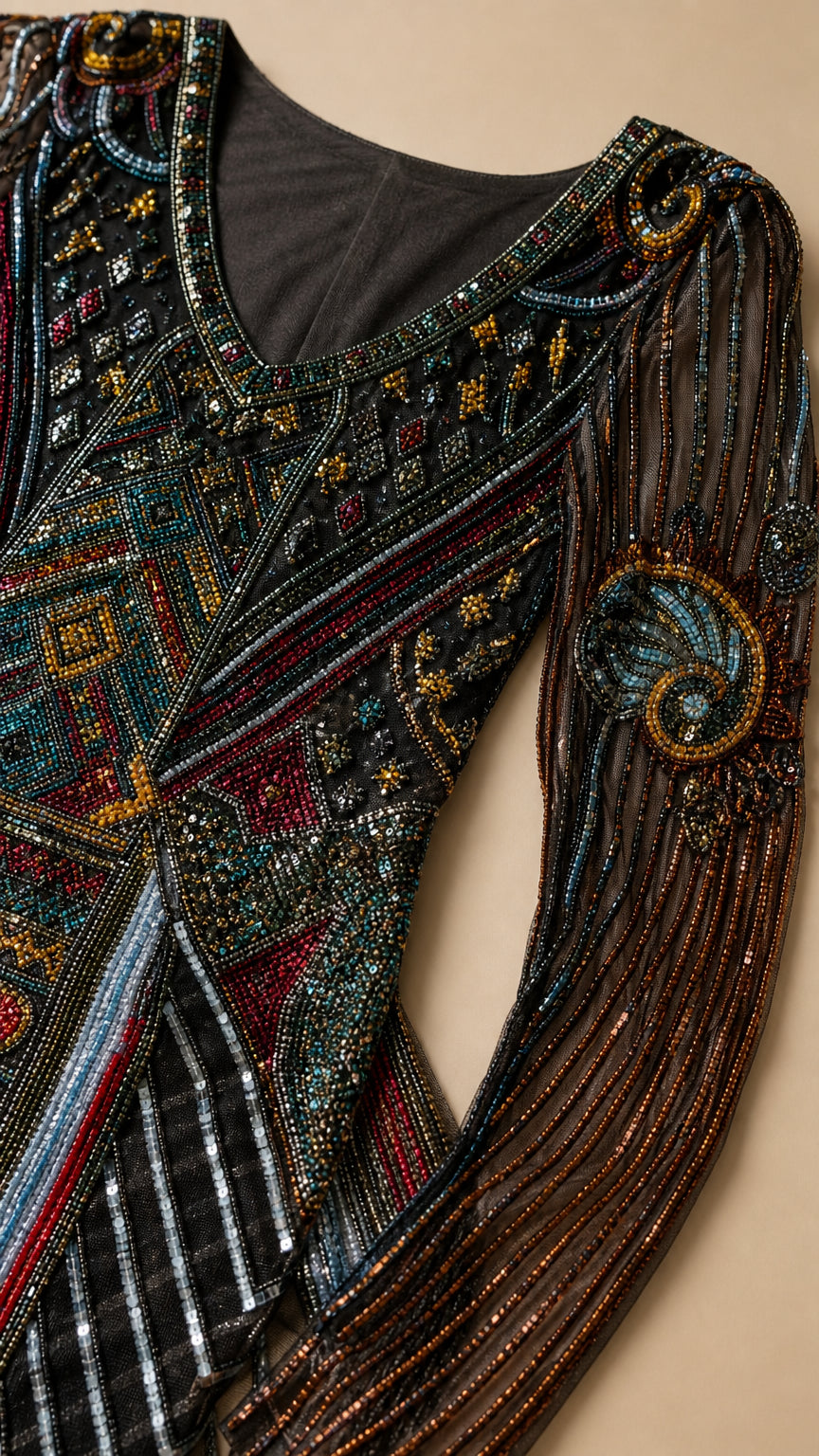 Close-up of neckline and sleeve beadwork craftsmanship
