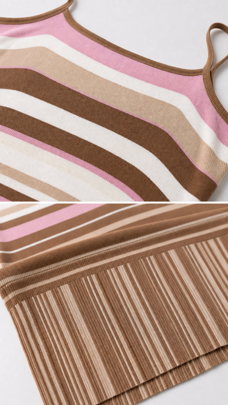 Close-up detail of bodice and pleated hem of brown striped knit dress