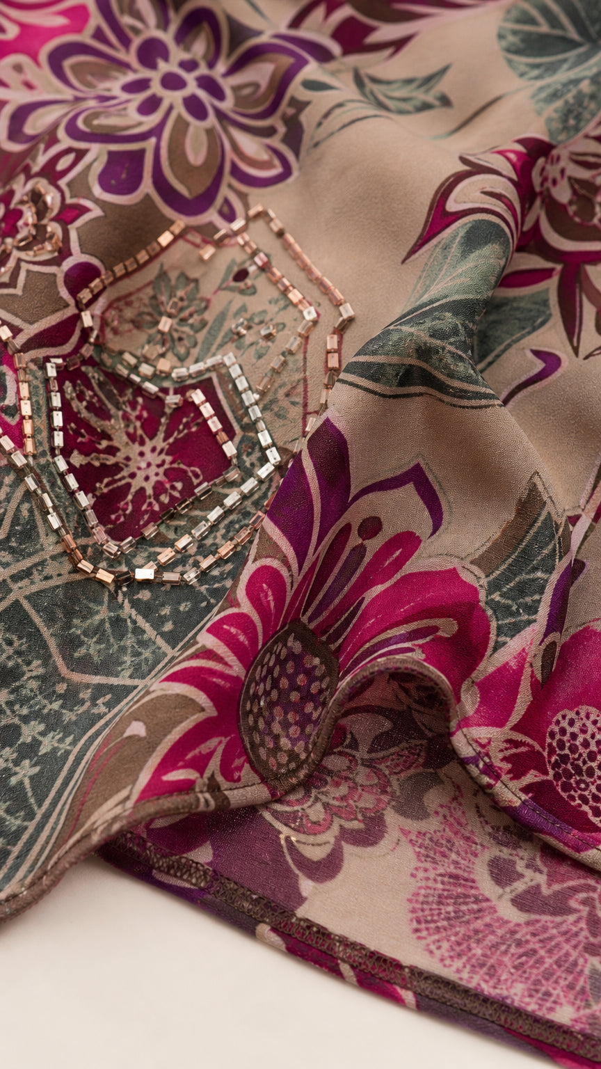 Close-up of fabric texture with floral pattern and beading