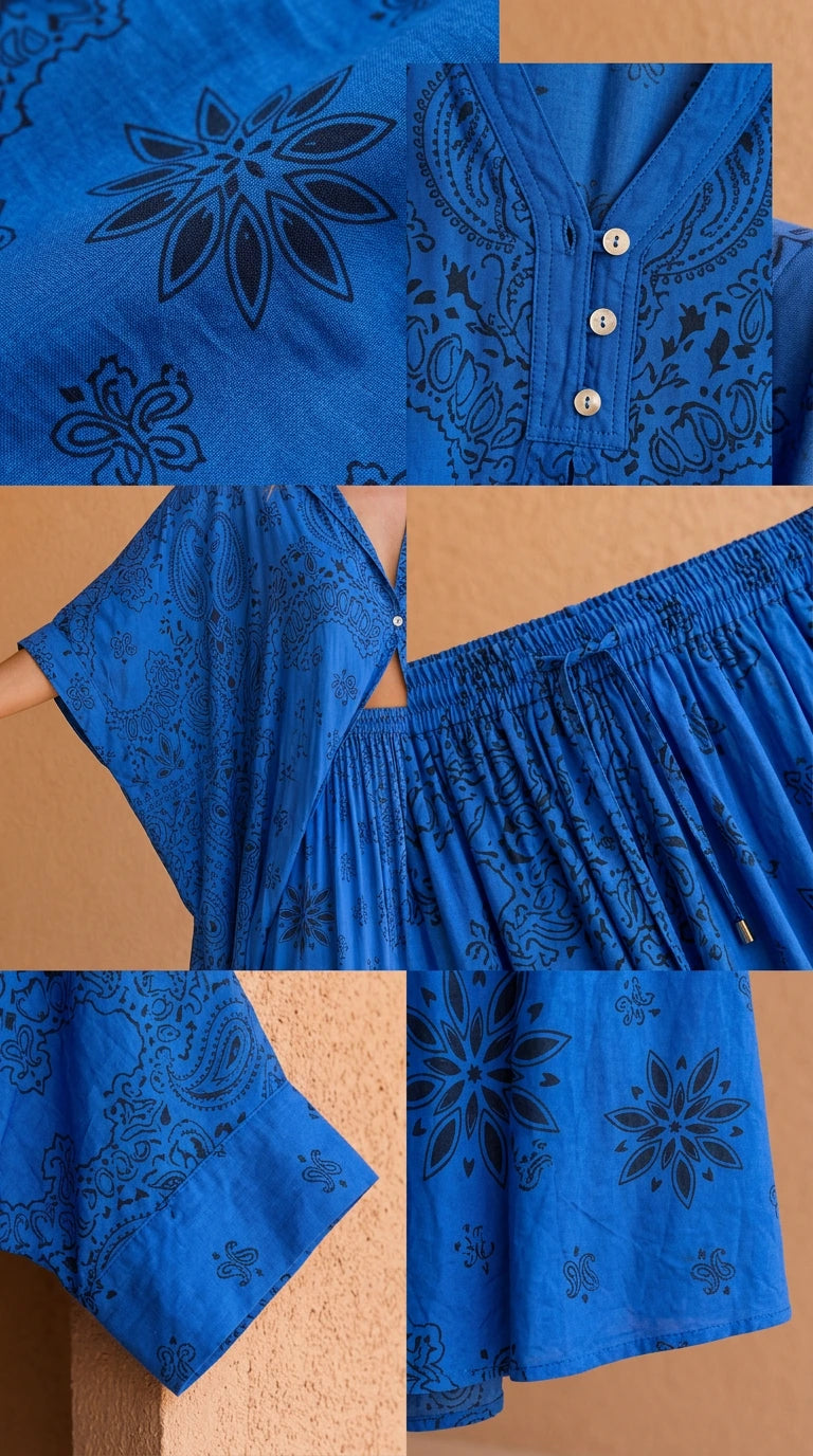 Detailed view of buttons, print pattern, and fabric texture