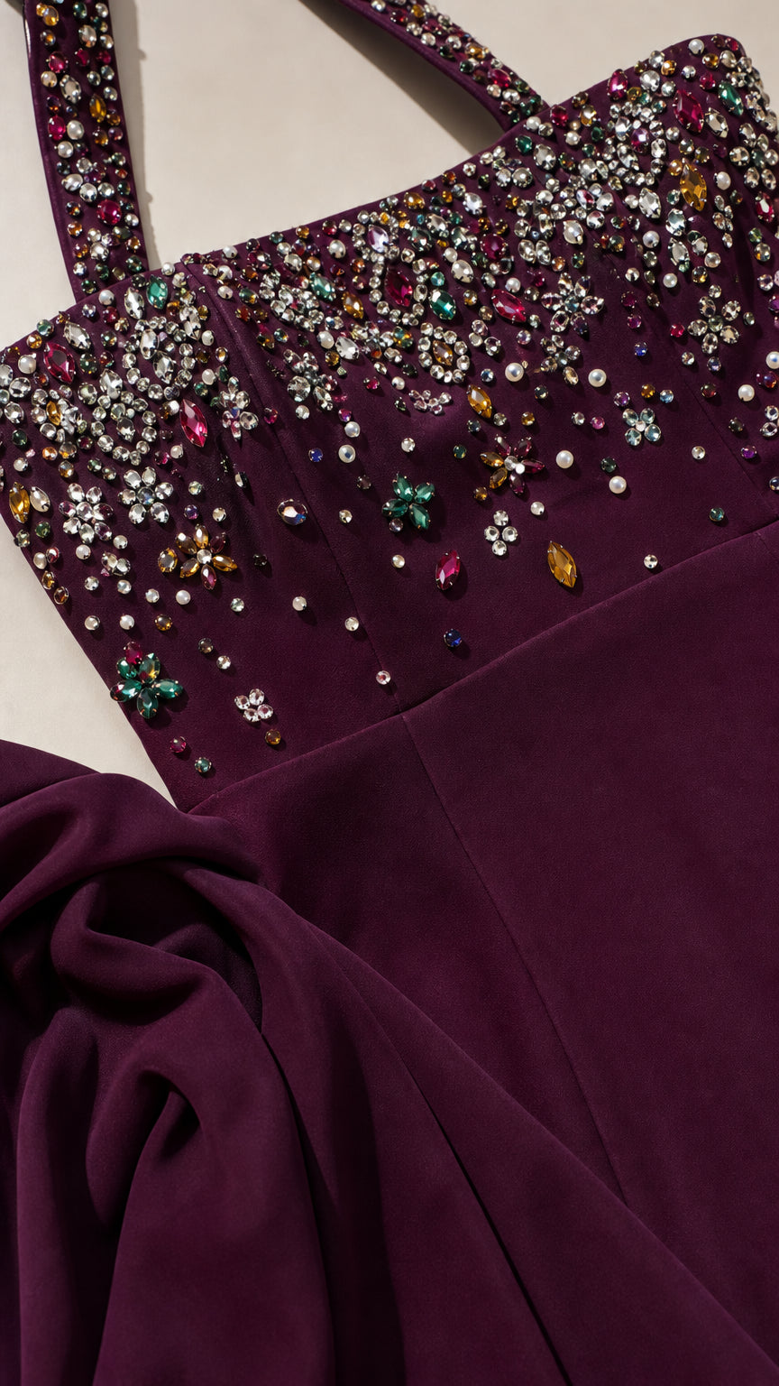 Close-up detail of rhinestone bodice and straps