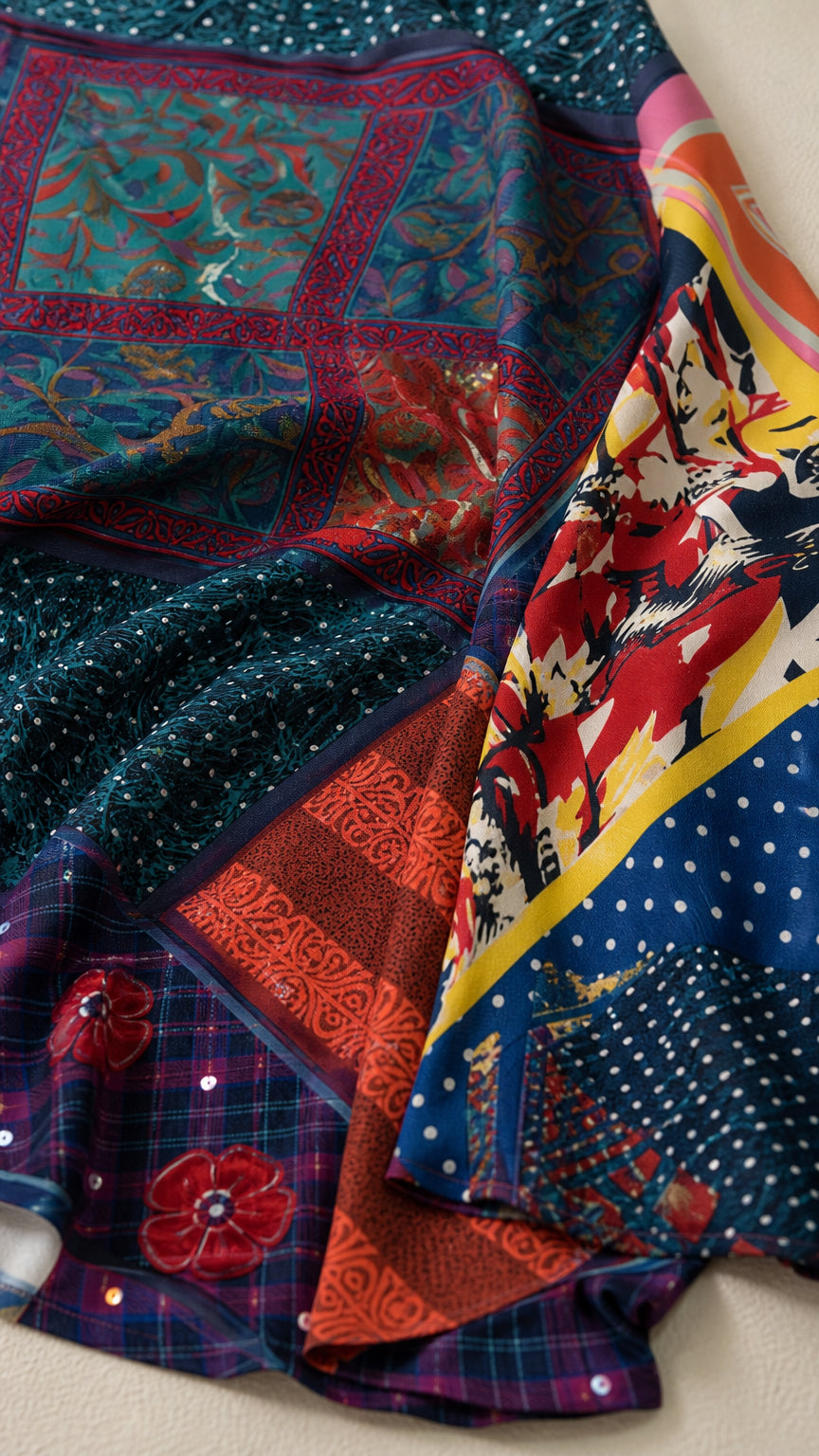 Close-up of the smooth printed fabric texture and patchwork details