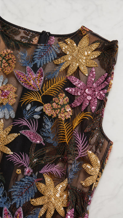 Close-up detail of the black mesh fabric with multicolored floral sequins