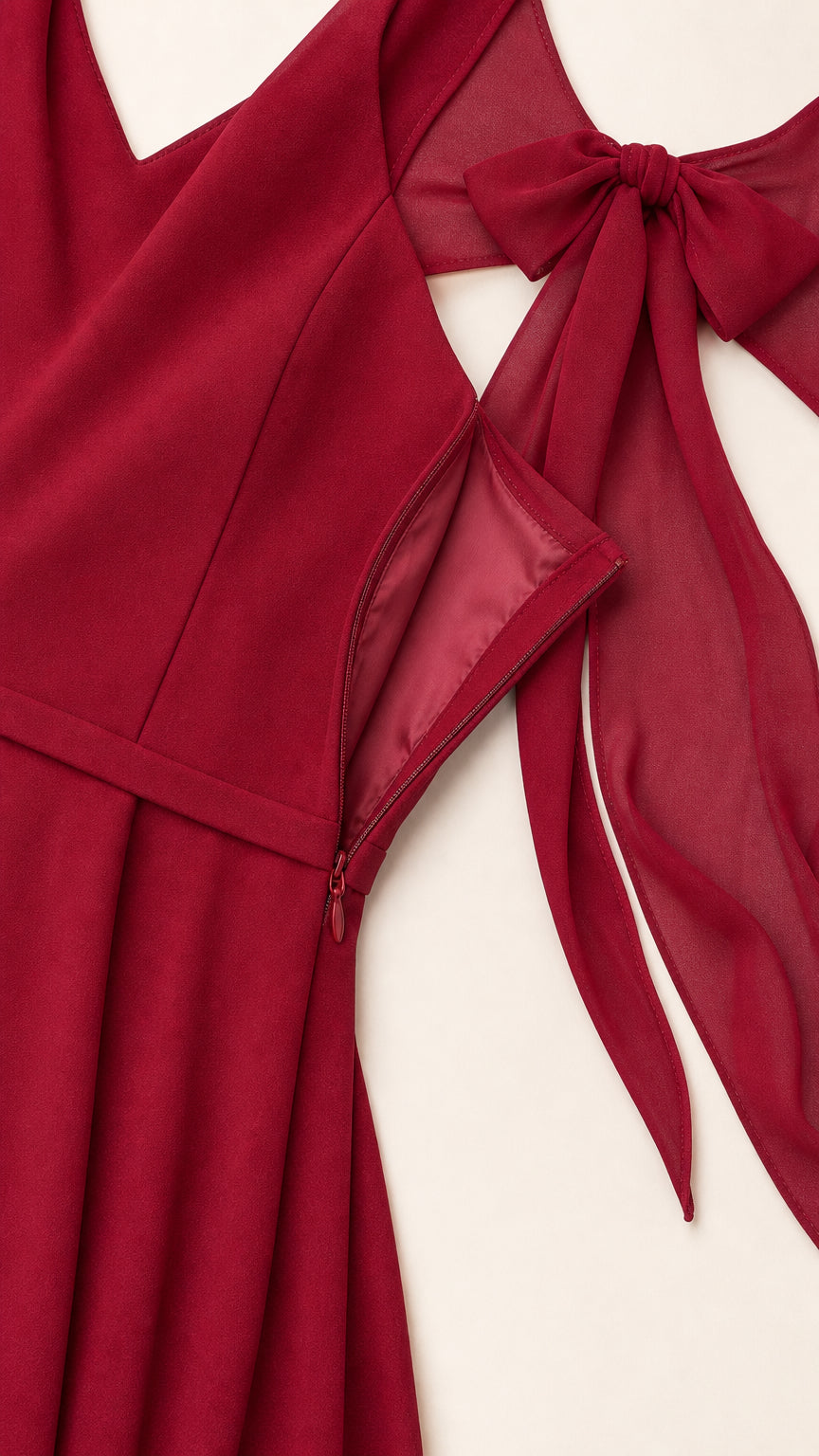 Close-up of side zipper and back bow detail on burgundy dress