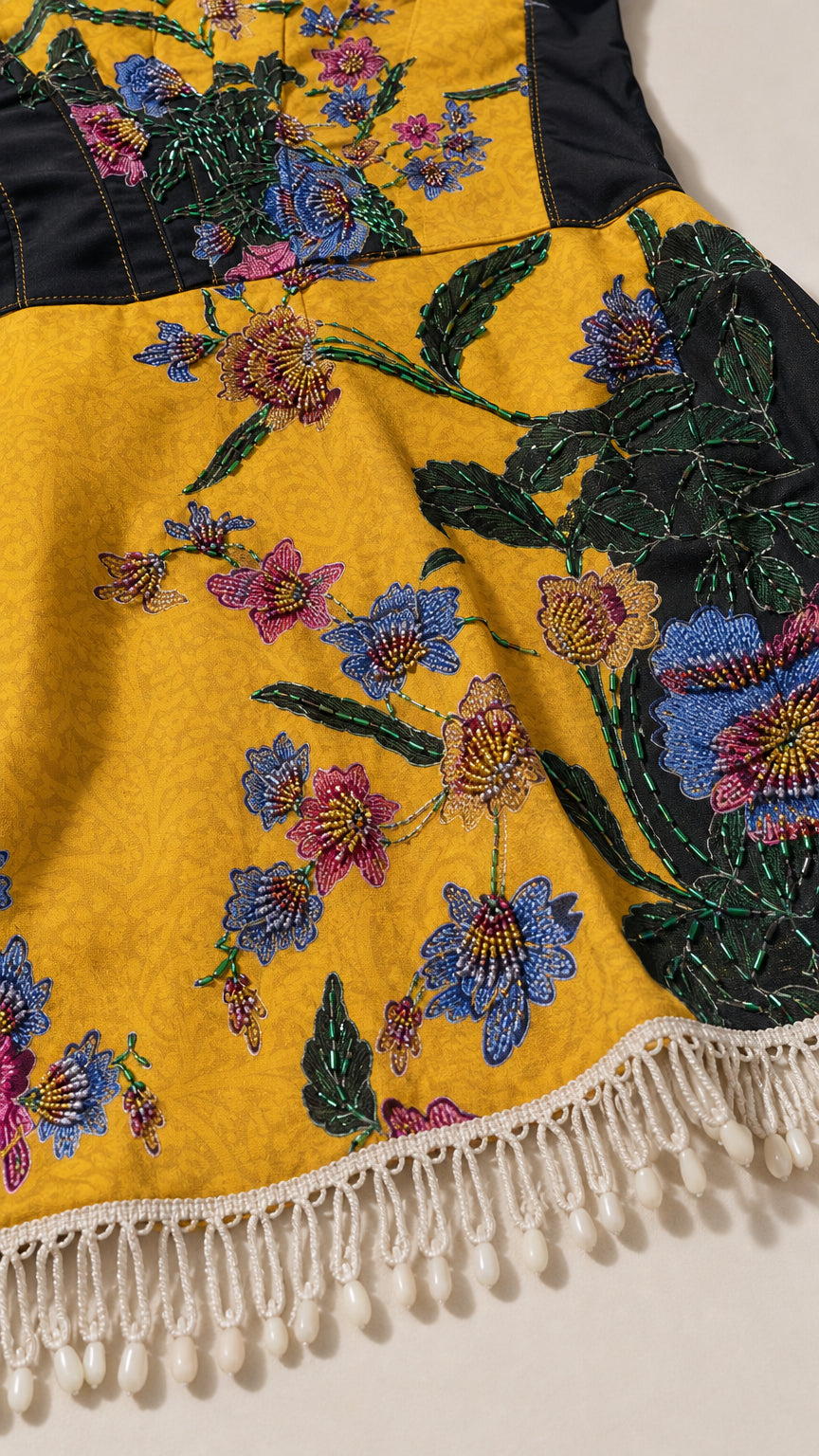 Close-up of embroidery and beaded fringe hem on yellow dress