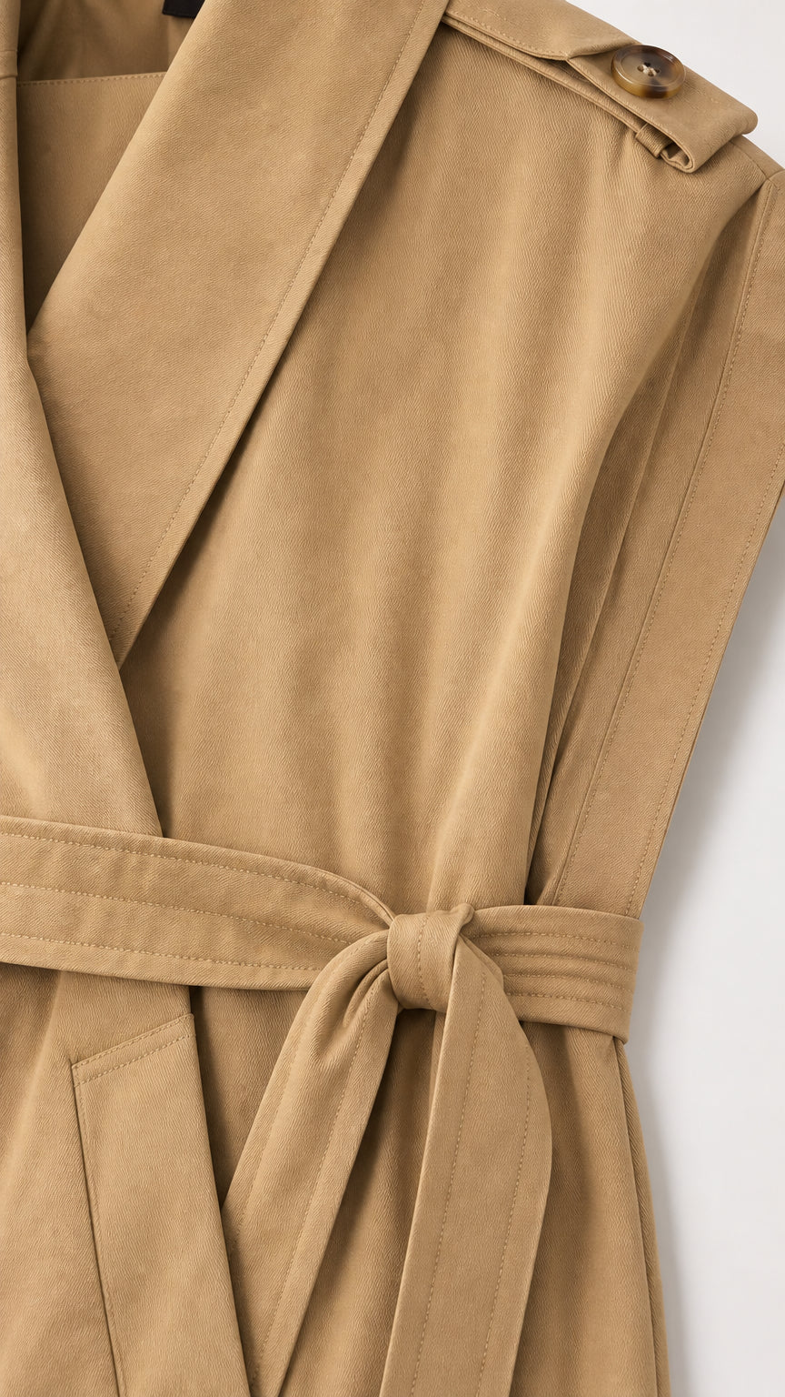 Close-up detail of khaki trench dress lapel and belt