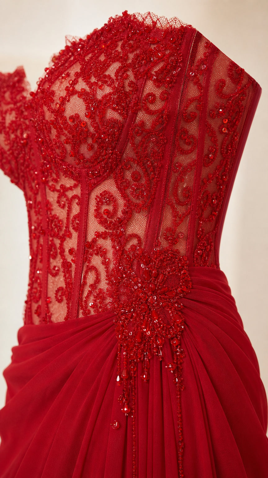 Close-up detail of red beaded lace corset bodice and gathered waist