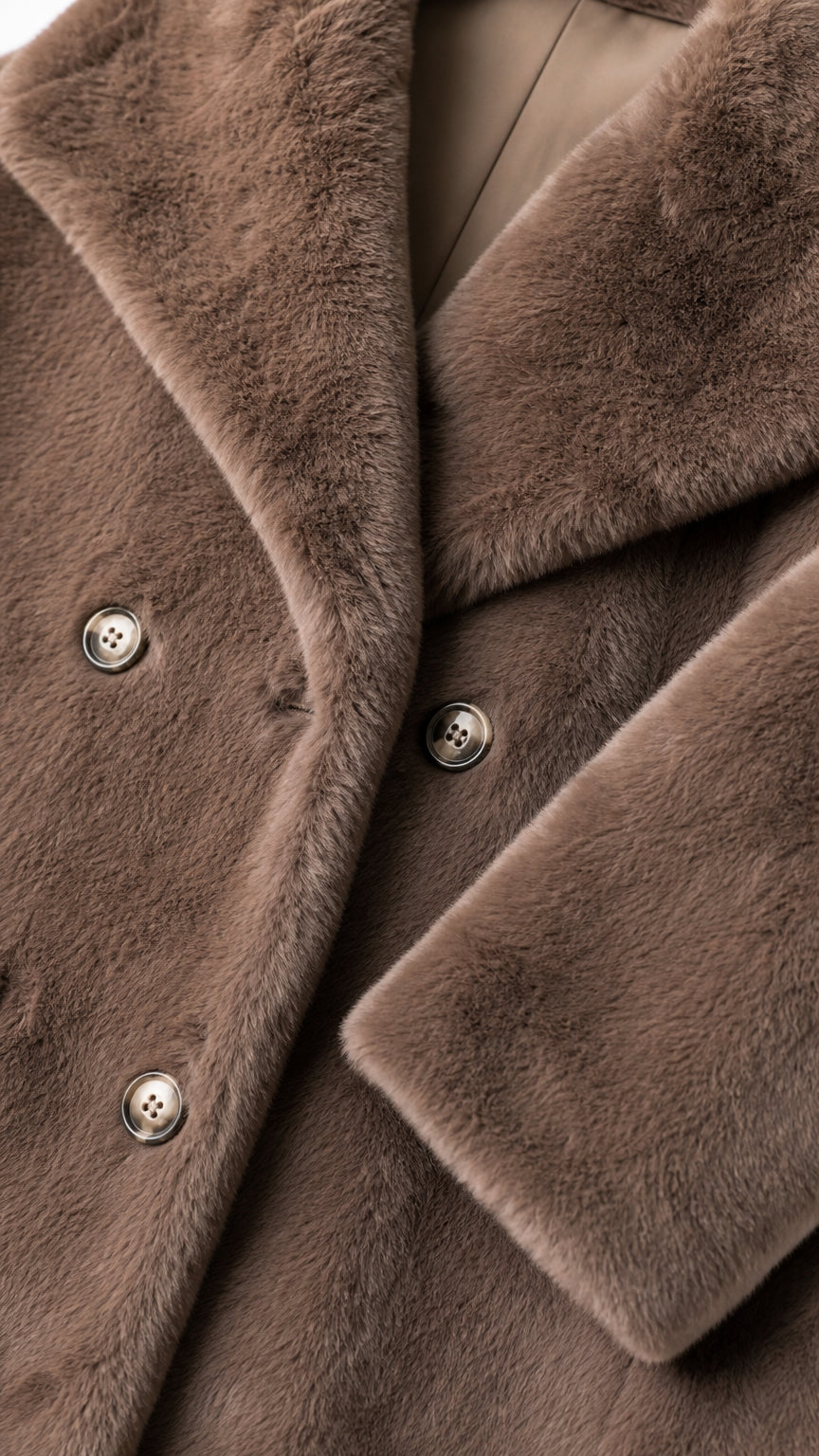 Close-up of brown faux fur texture and double-breasted buttons