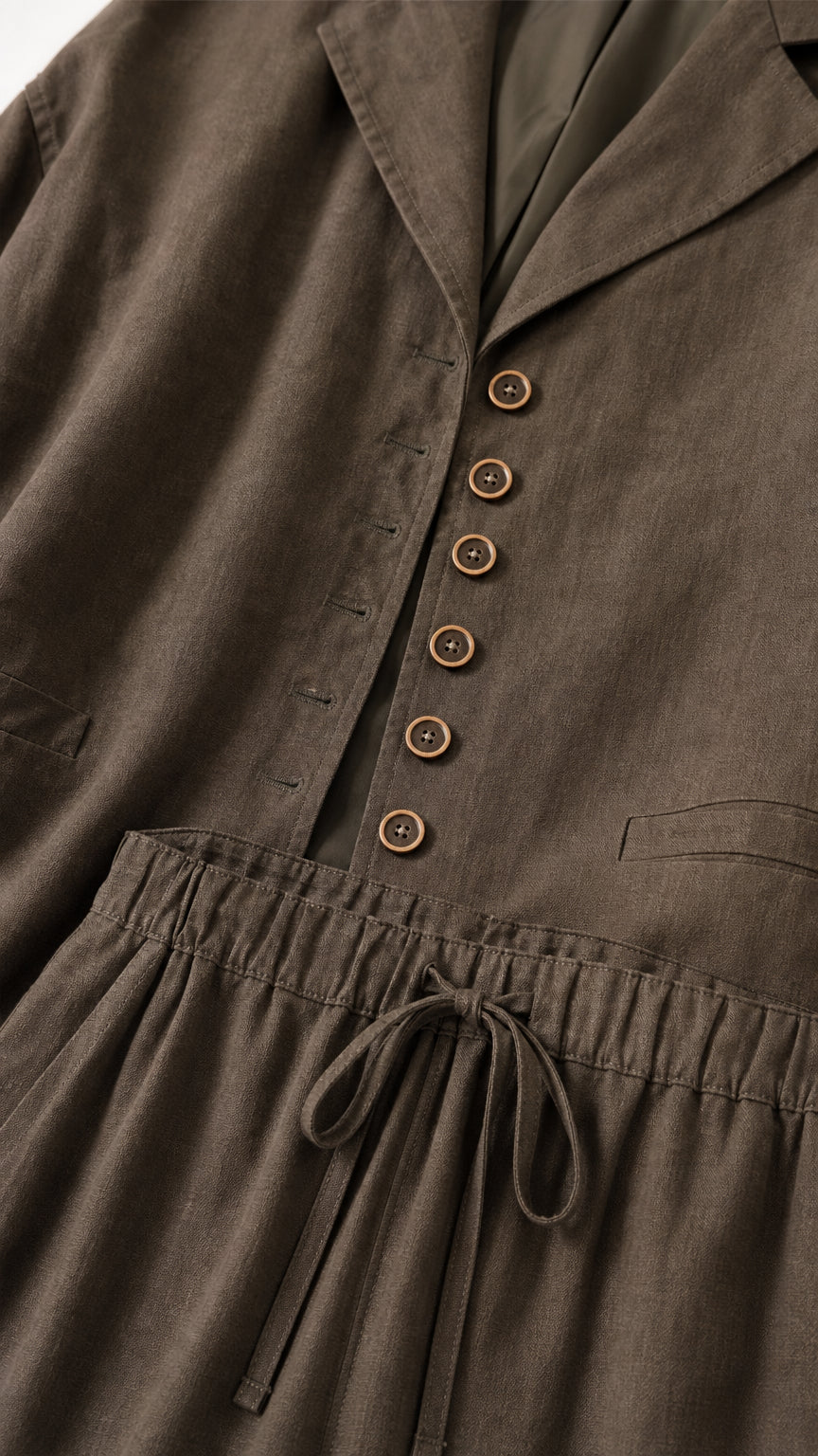 Close-up detail of button closure and drawstring waistband on olive set