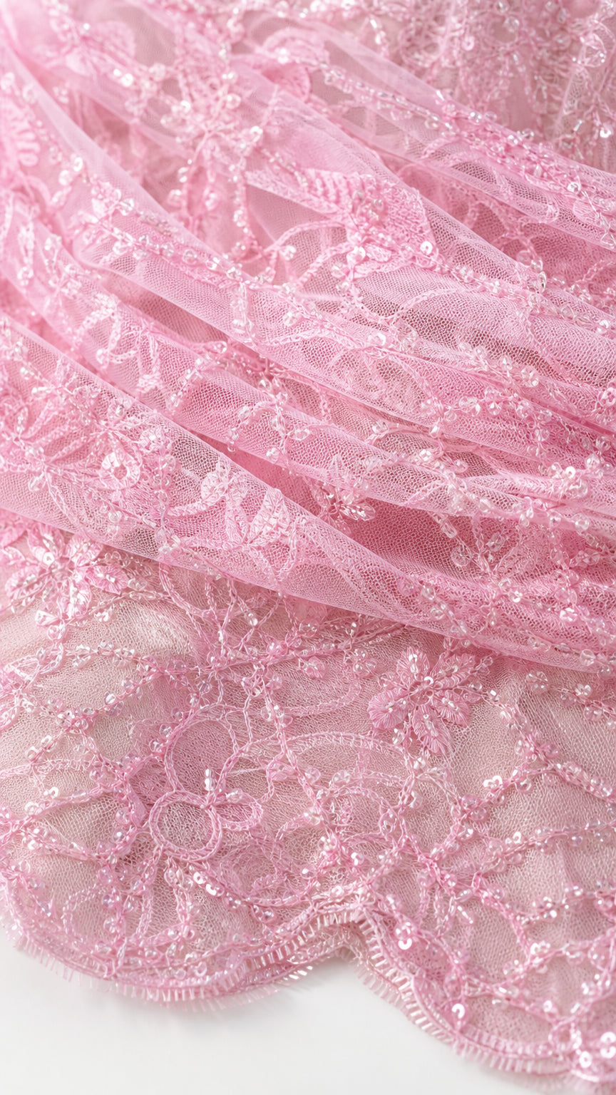 Close-up detail of pink sequin lace fabric texture