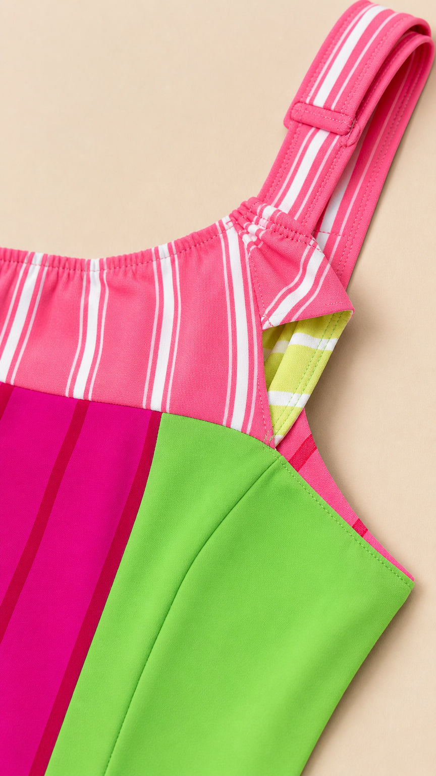 Close-up of the striped straps and colorblock fabric construction