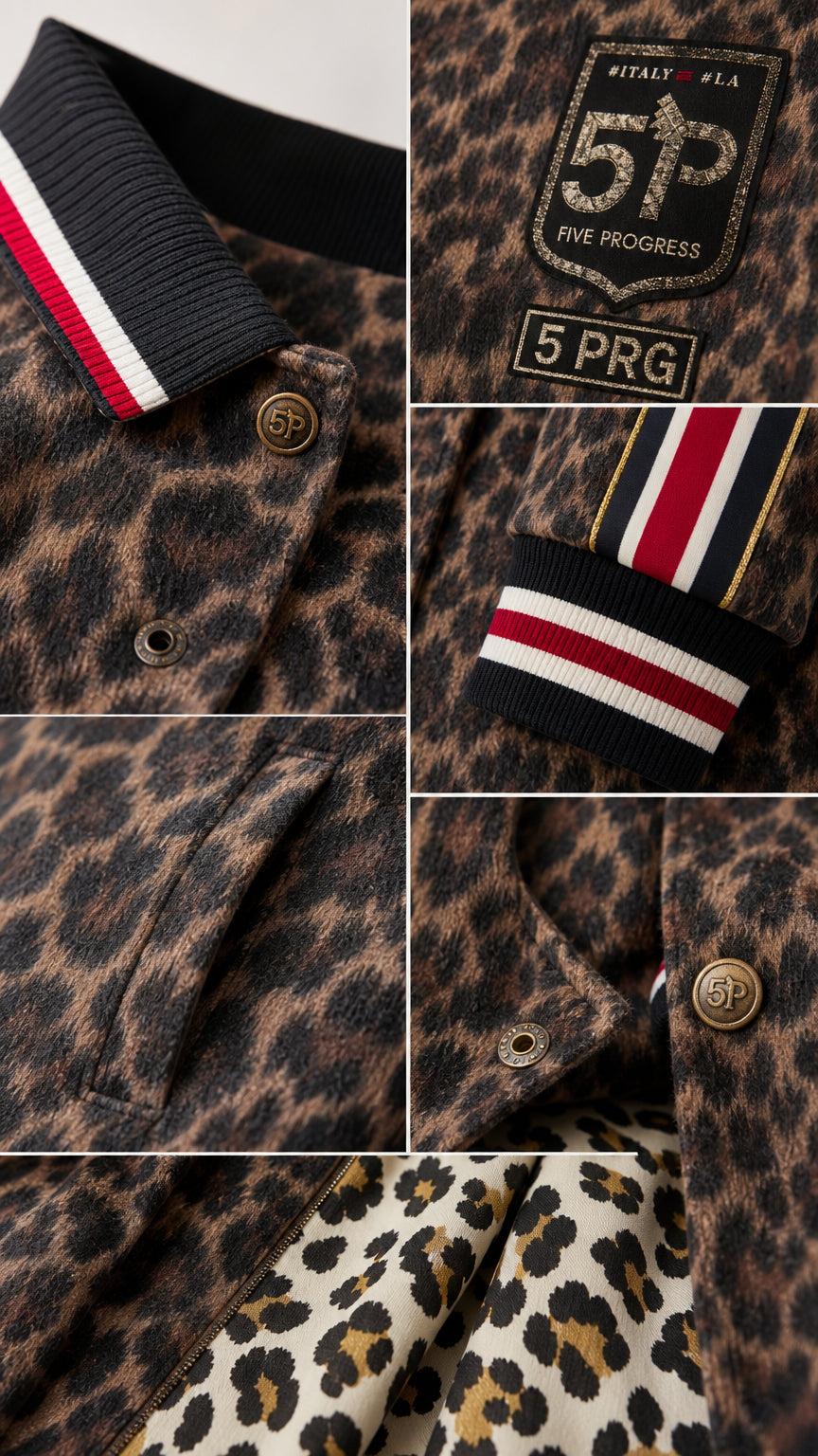 Close-up details of ribbed collar, snap buttons, side pocket, sleeve cuffs, and lining