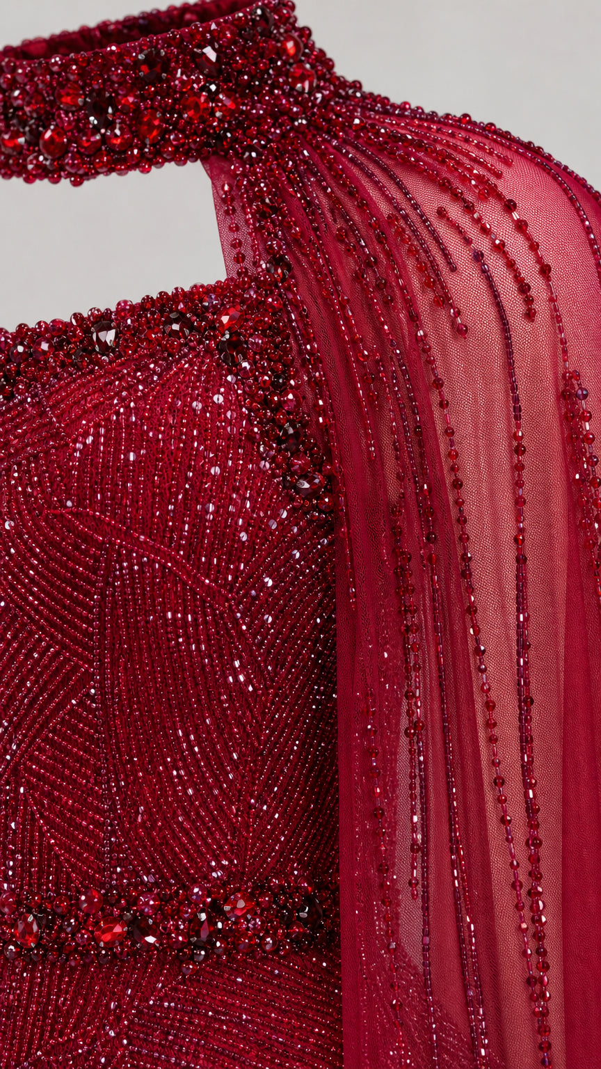 Close-up detail of burgundy sequin embellishments and high choker neckline