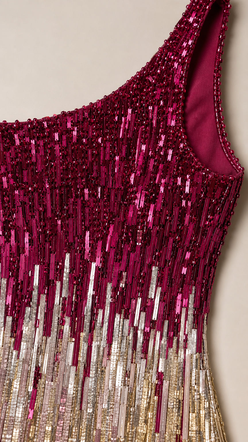 Close-up detail of vertical sequin embellishment and lined neckline construction
