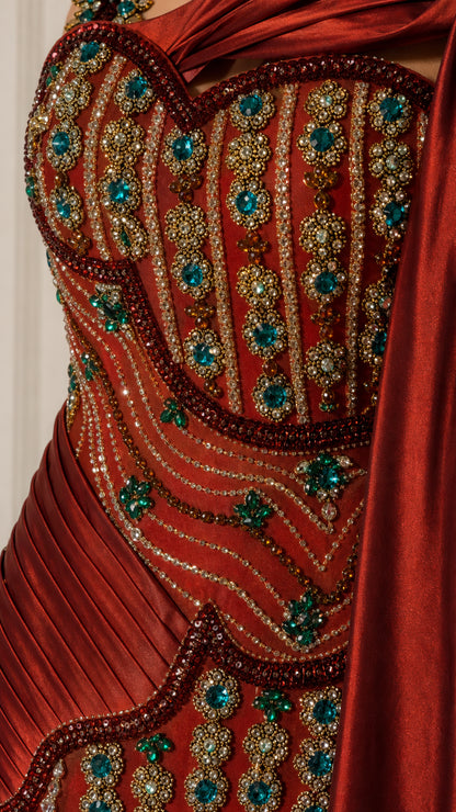 Close-up detail of bodice beadwork and jeweled embroidery