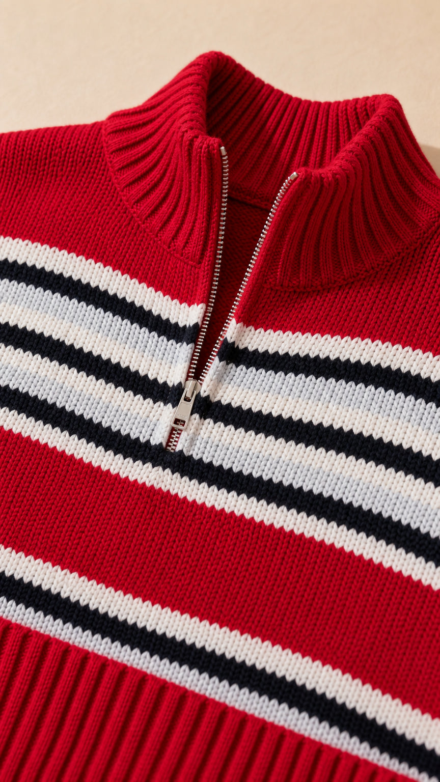 Close-up detail of zipper neckline and ribbed stand collar on red striped sweater