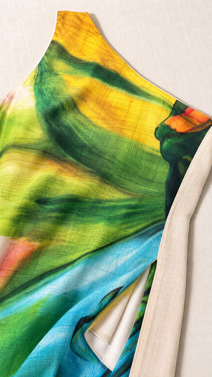Close-up of fabric texture and botanical graphic print