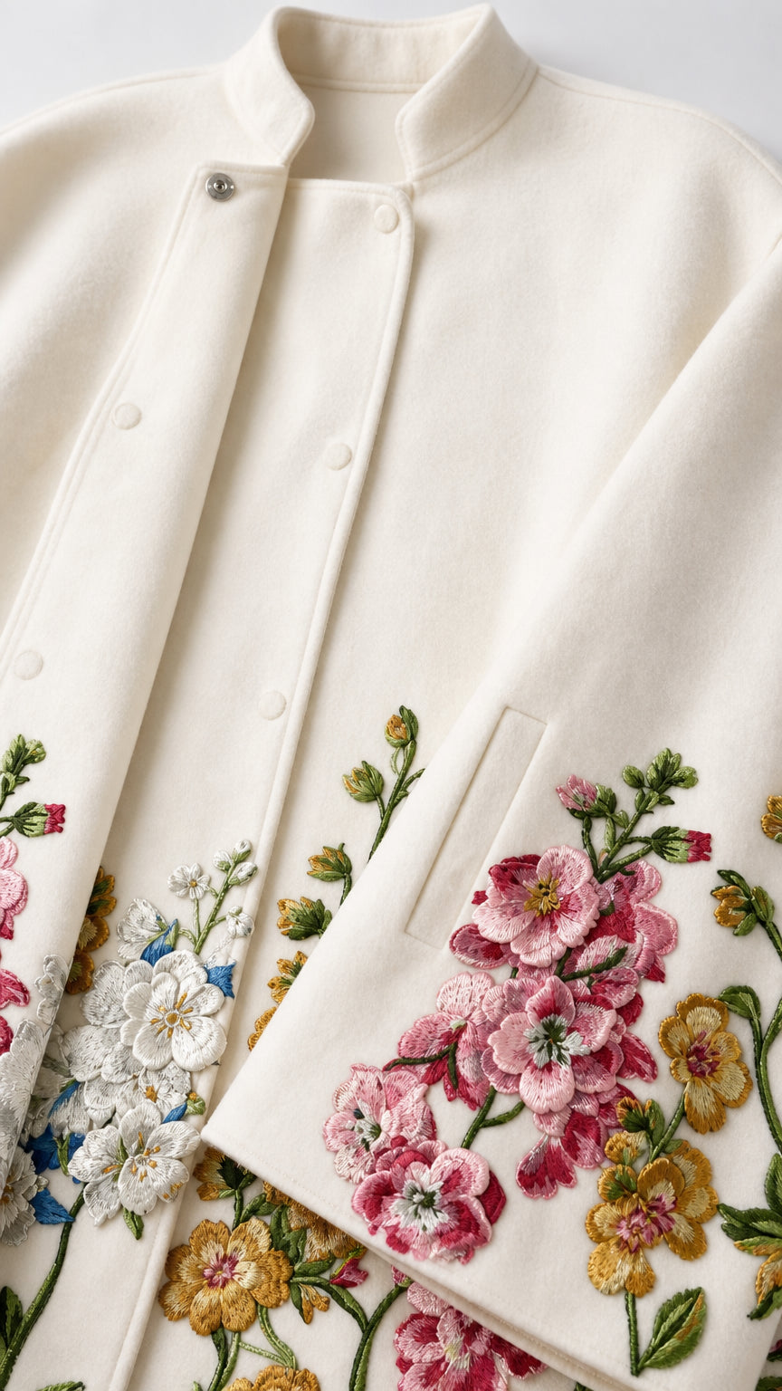 Close-up detail of stand collar, snap buttons, and floral embroidery