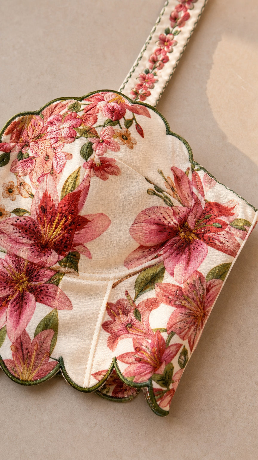 Close-up detail of scalloped trim and floral print on top