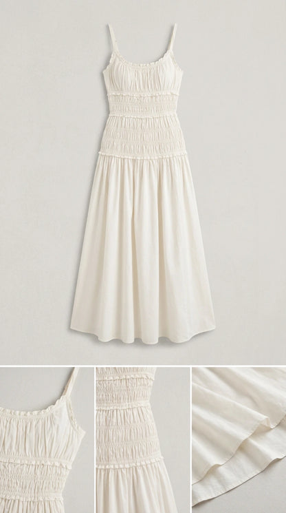 Flat lay and detail shots of white smocked maxi dress