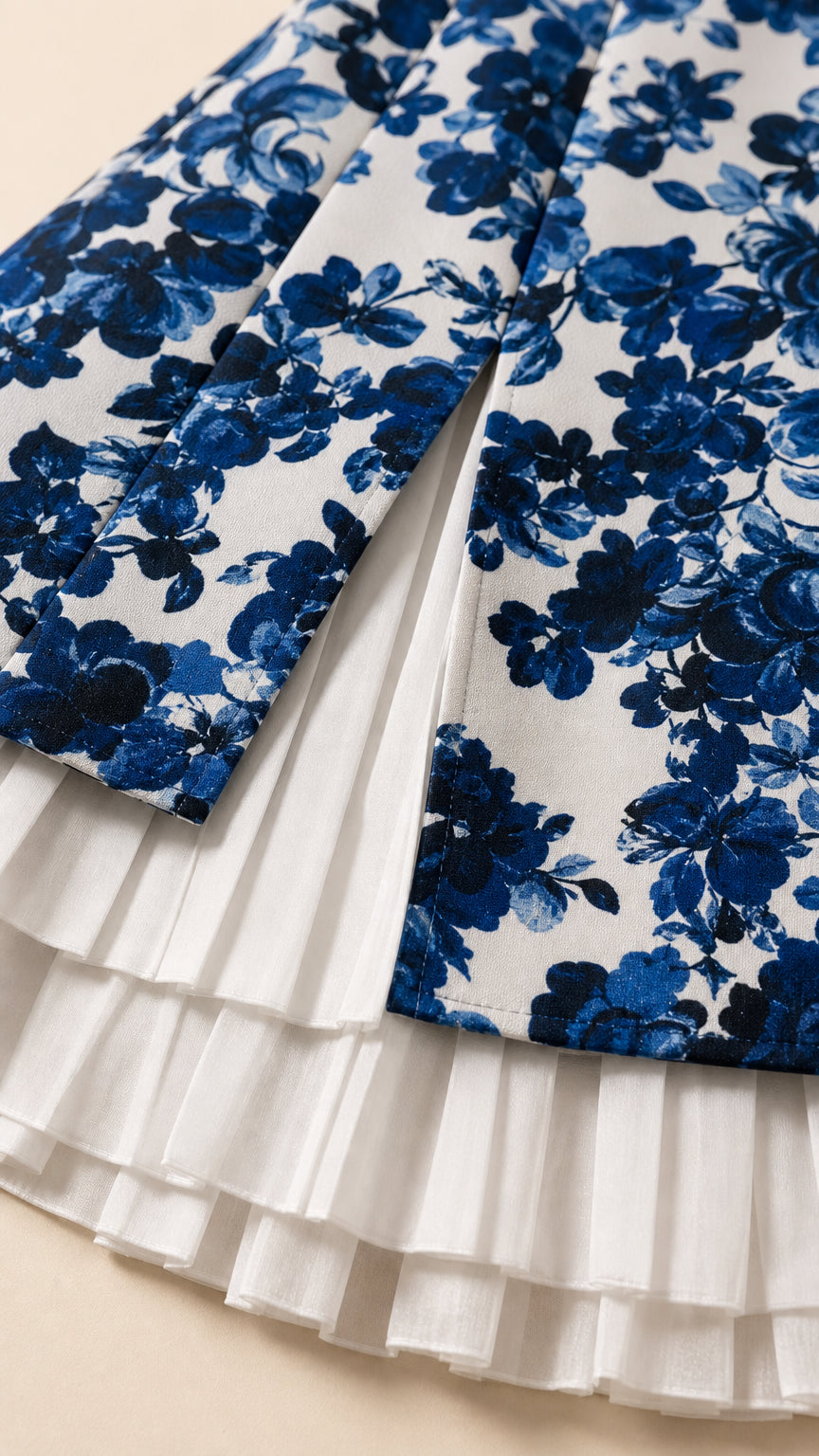 Close up detail of floral fabric and white pleated hem layers
