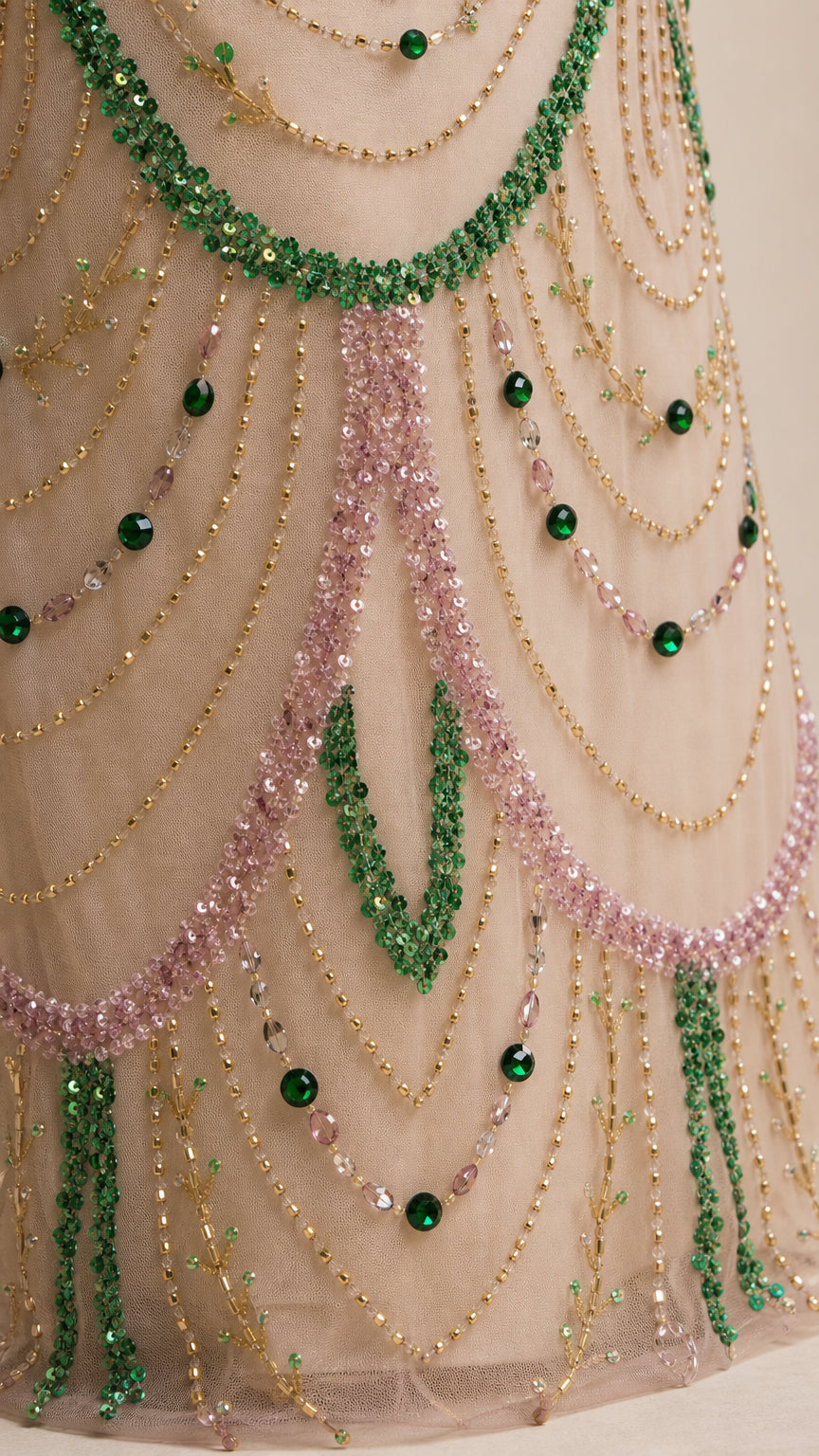 Close-up detail shot of intricate chandelier beadwork and crystal embellishments