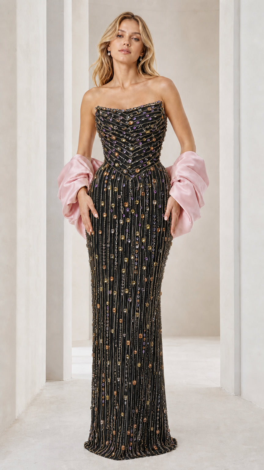 Front view of black beaded evening gown