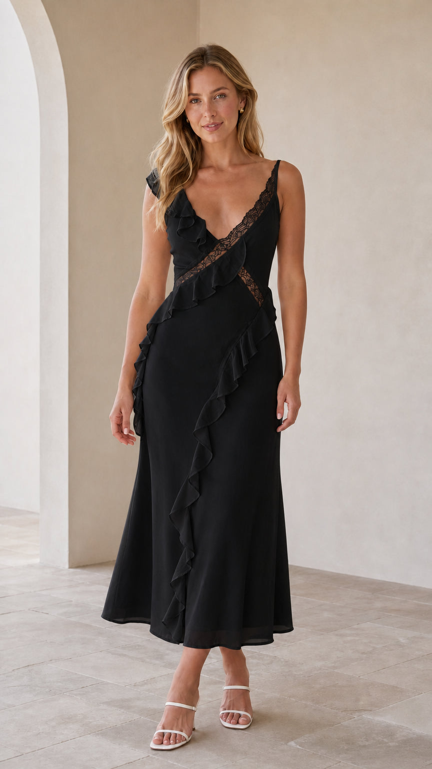 Model wearing black ruffled lace-trim slip midi dress