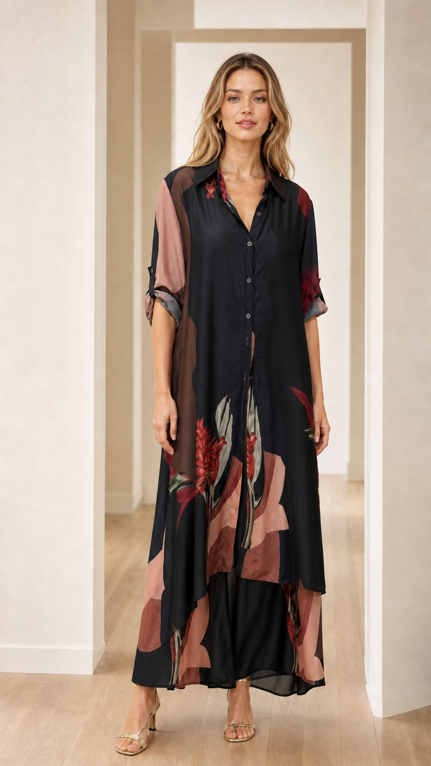 Model wearing black color variant of maxi shirt dress