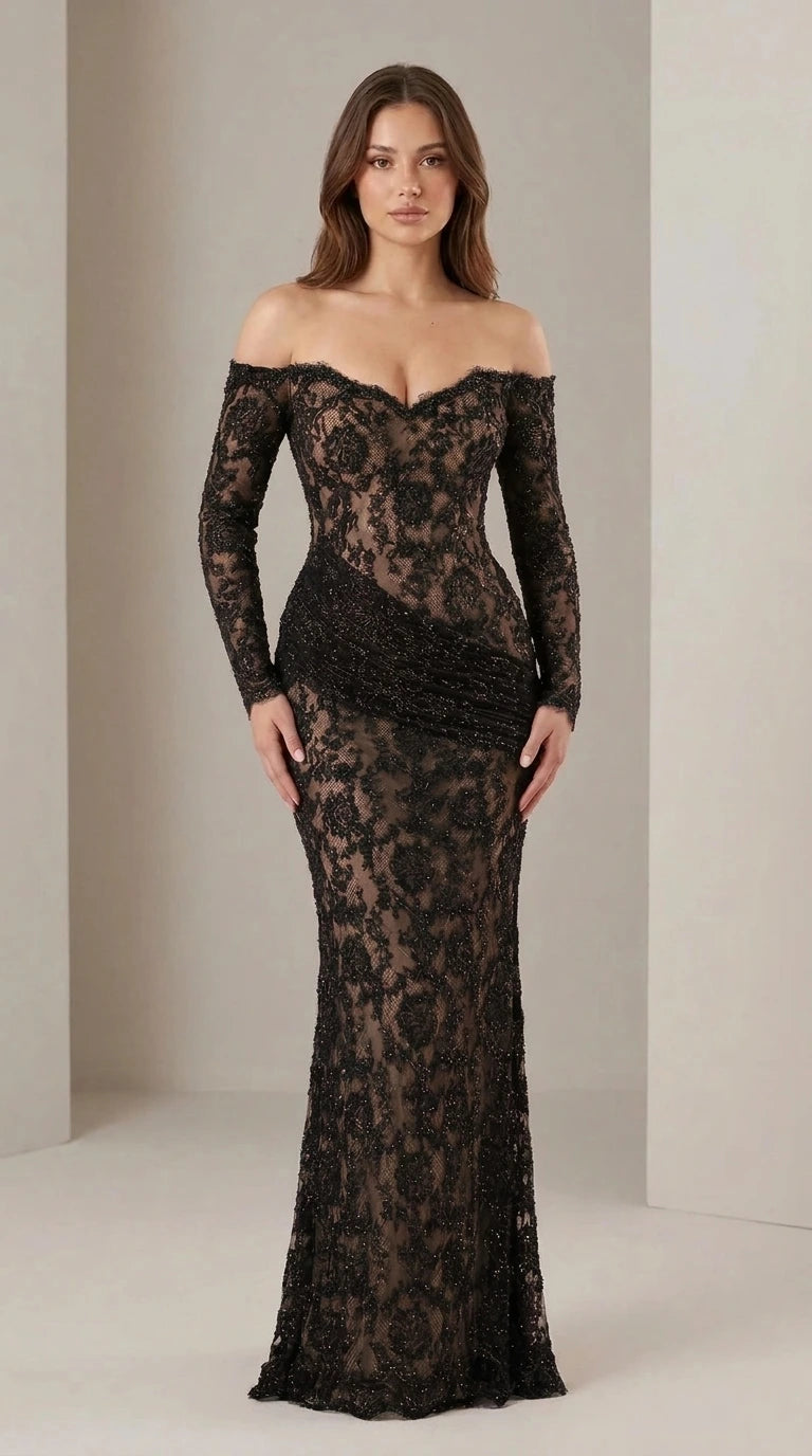 Off-Shoulder Long Sleeve Lace Evening Gown in Black