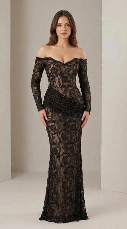 Off-Shoulder Long Sleeve Lace Evening Gown in Black