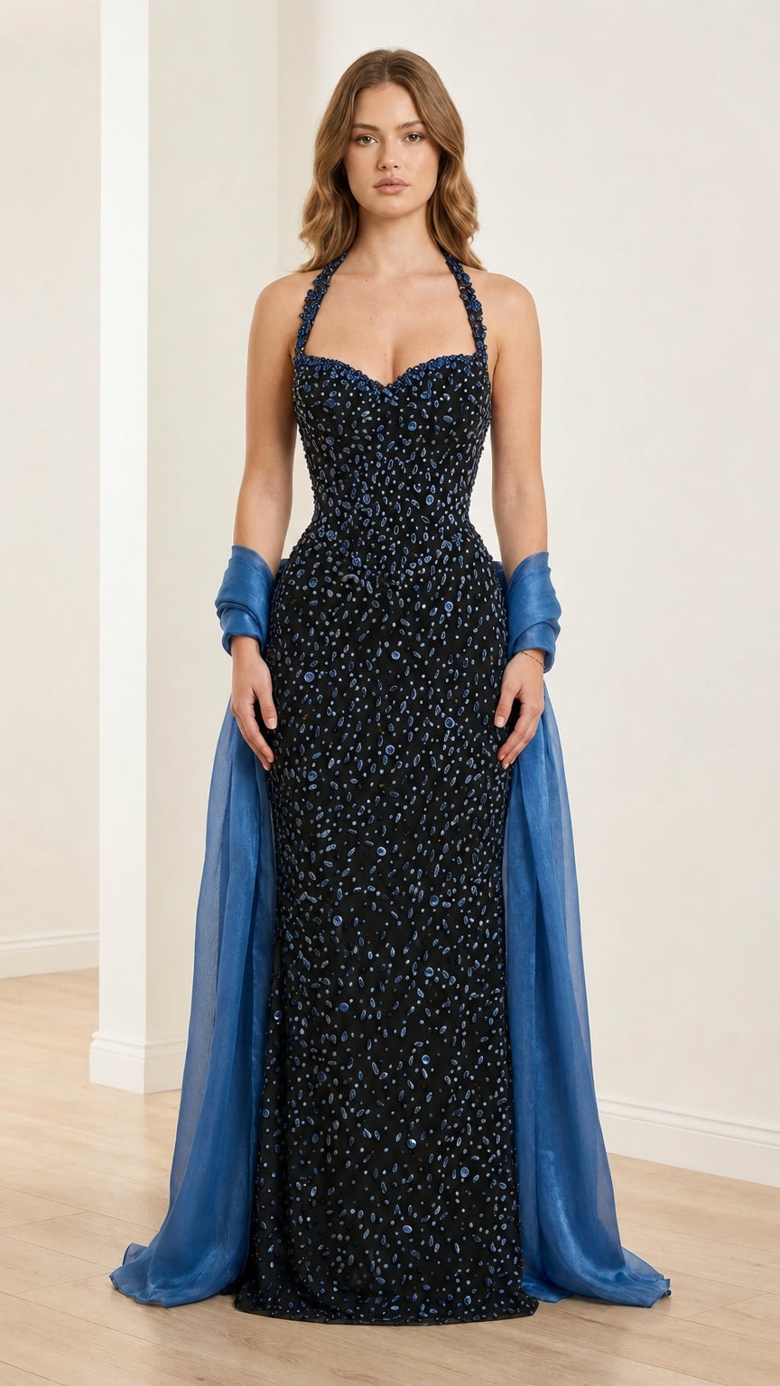 Front view of black embellished halter evening gown