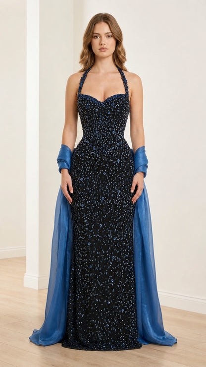 Front view of black embellished halter evening gown