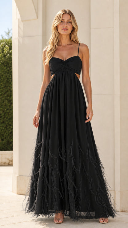 Model wearing black variant of the feather trim maxi dress