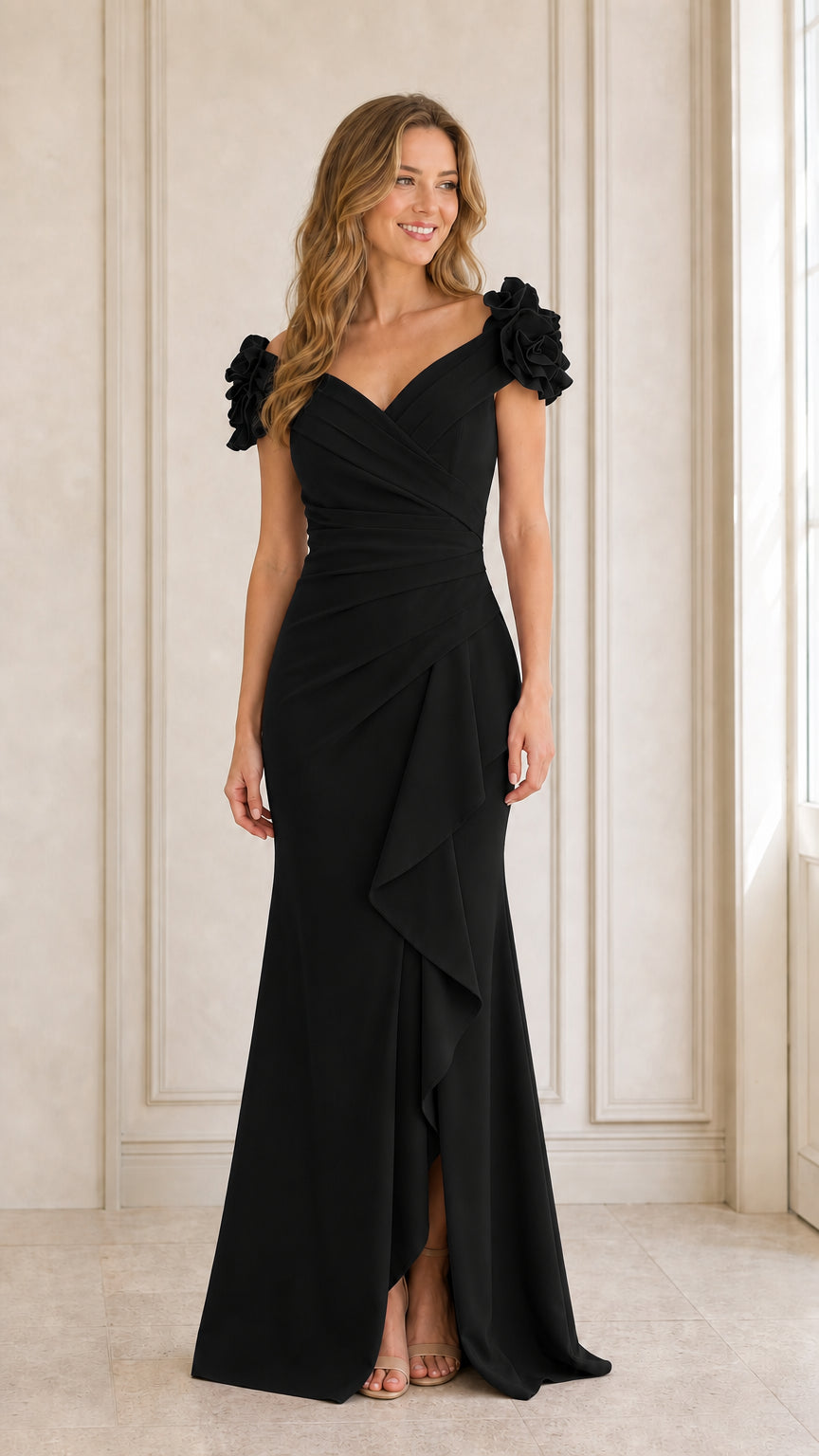 Black evening dress front view on model
