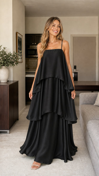 Model wearing black tiered maxi dress