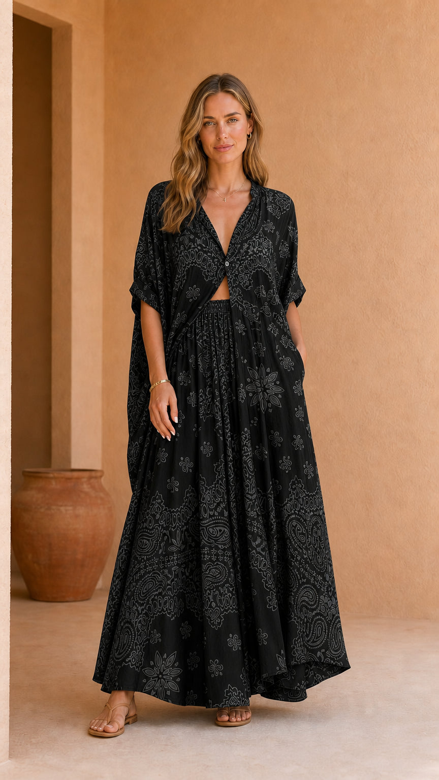 Model wearing black printed two-piece kaftan and maxi skirt set