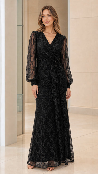 Front view of black lace long-sleeve maxi dress