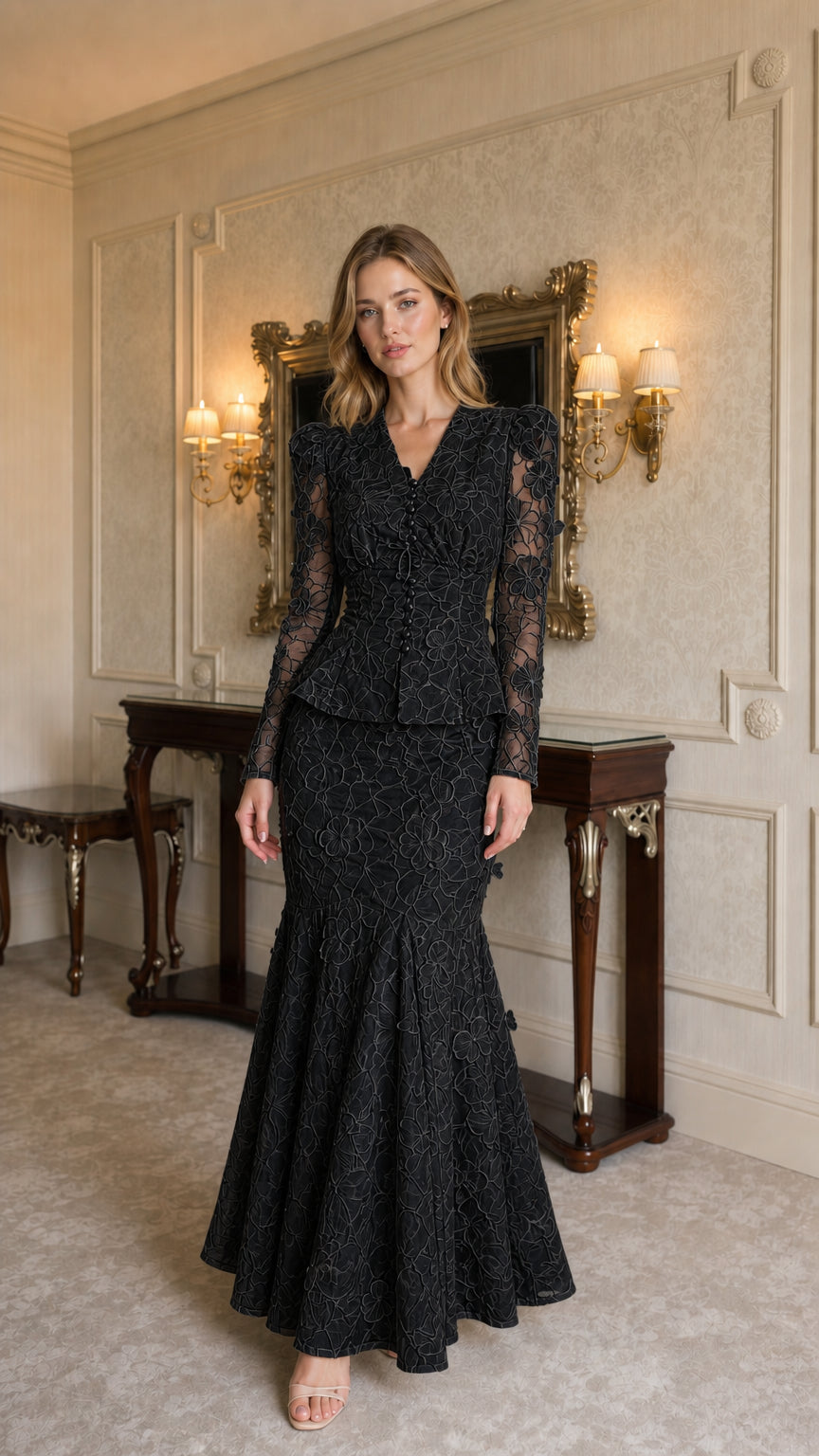 Model wearing black lace two-piece set, front view